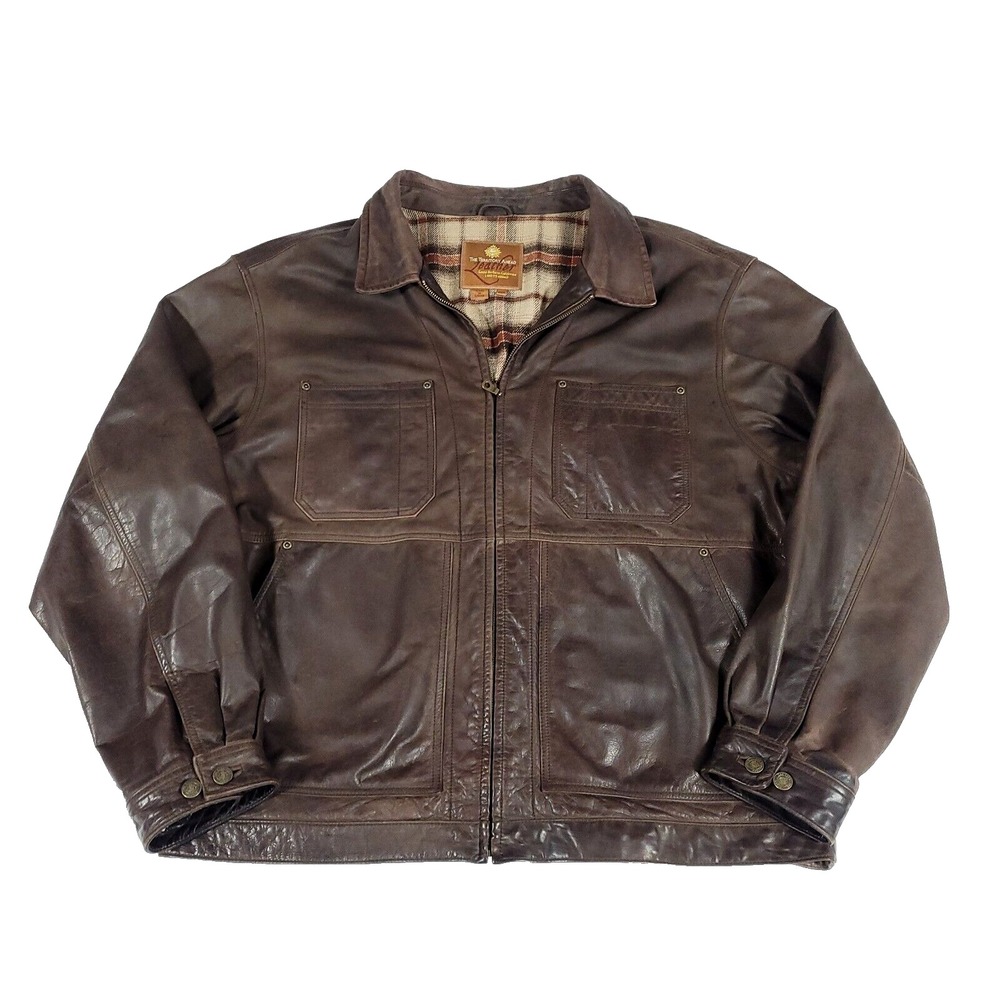 Territory Ahead Leather Bomber Jacket XXL Choc Brown Coat  Plaid Flannel Lined